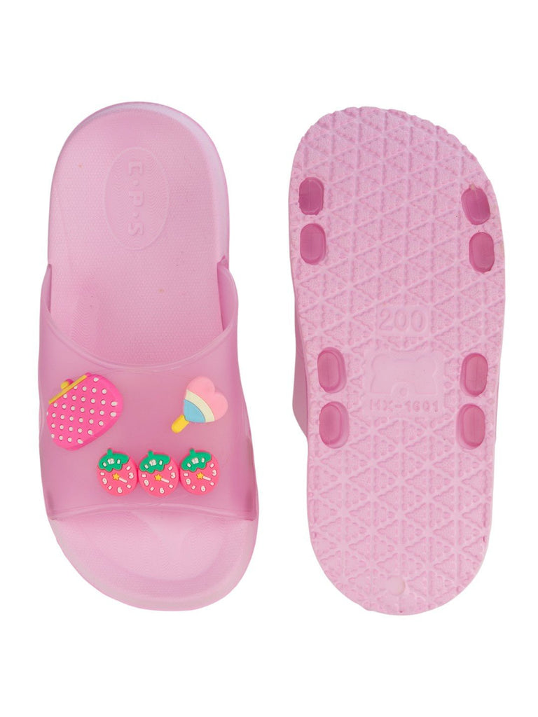 Comfy & Colorful Strawberry, Heart Candy & Purse Charms Slides for Girls- Pink-Front &  Back View