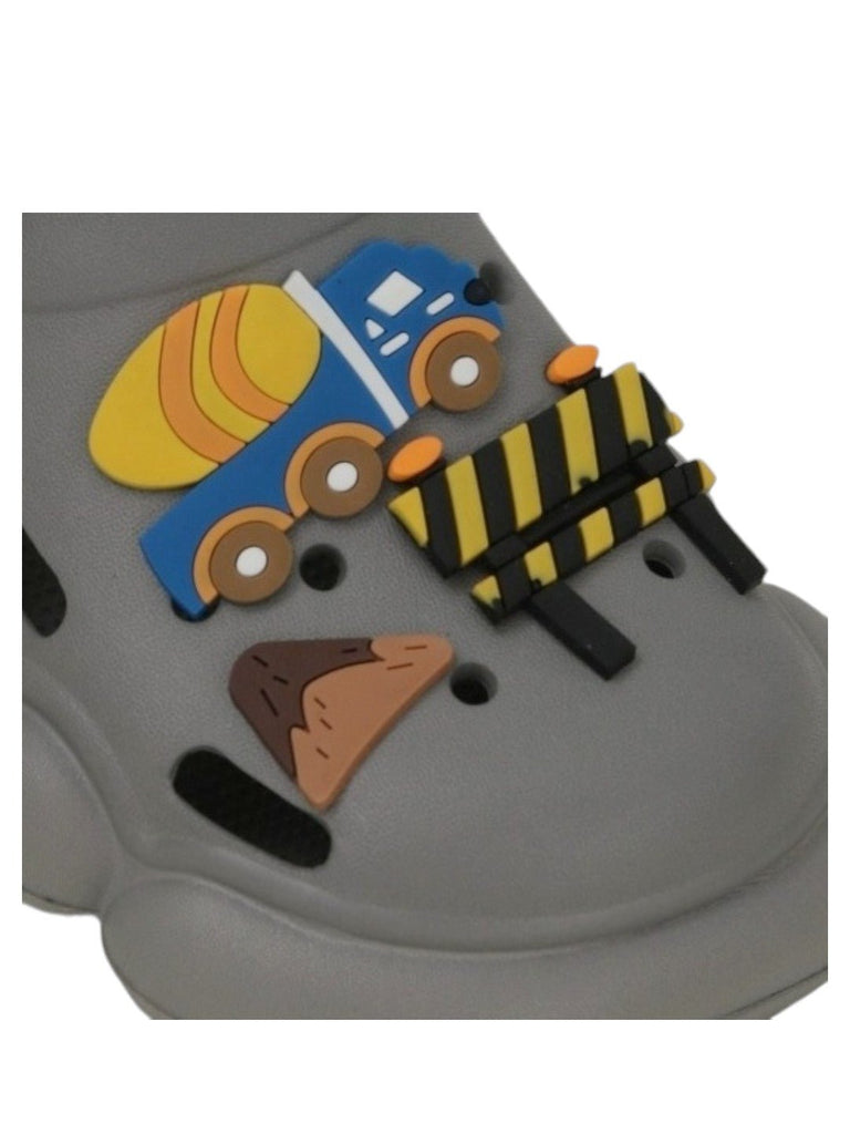 Construction Motif Grey Clogs for Boys- Close up view