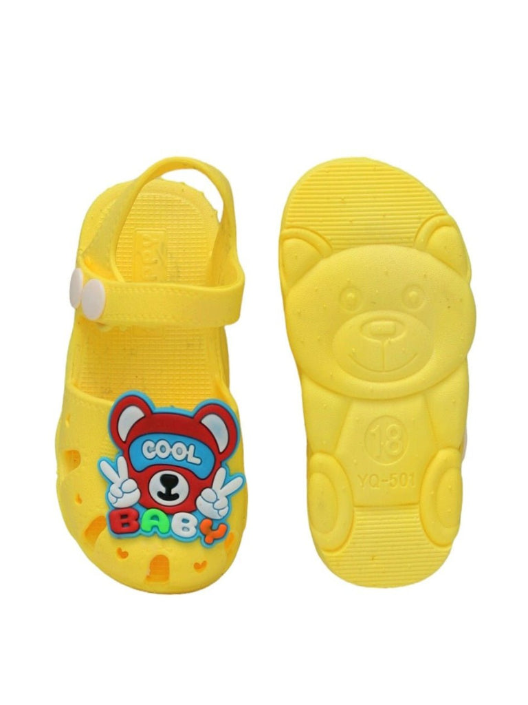 Front and Back Sole view of Yellow Cool Baby Bear Sandals showing bear imprint for boys.