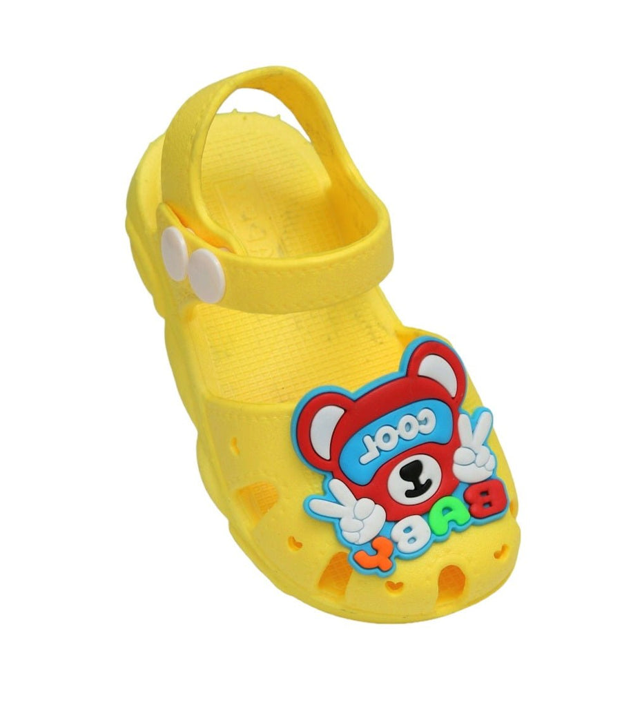 Angle View of Cool Baby Bear Sandals in vibrant yellow with cartoon bear motif for boys.