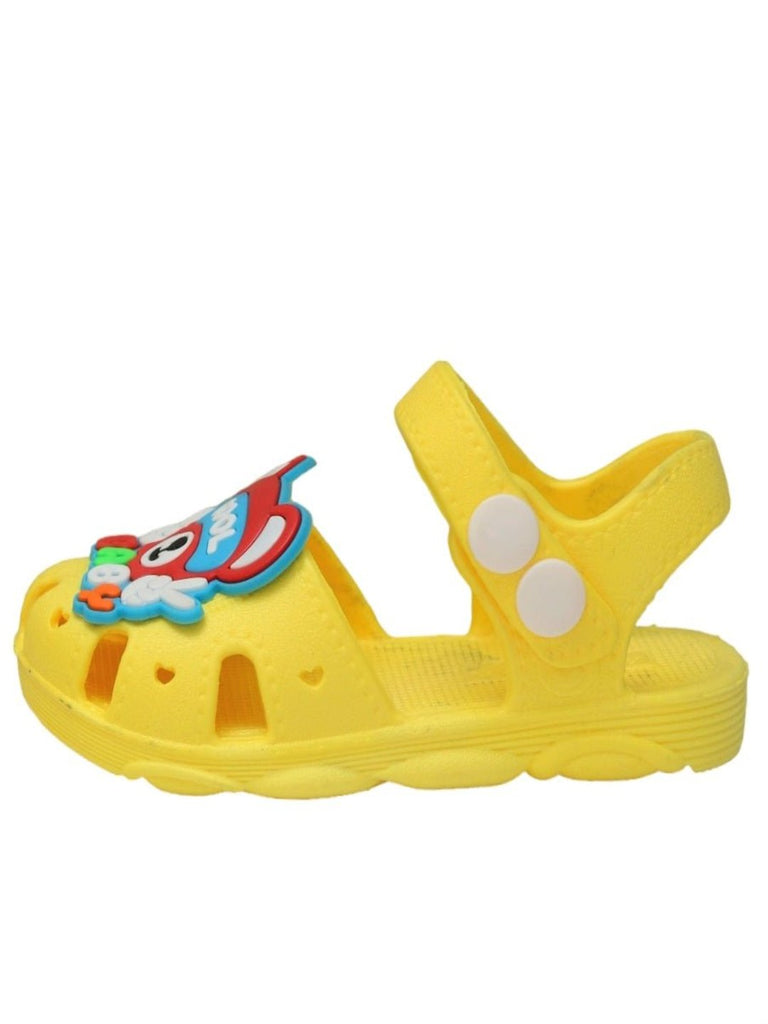 Side view of Yellow Cool Baby Bear Sandals, highlighting the strap and cartoon bear design for boys.