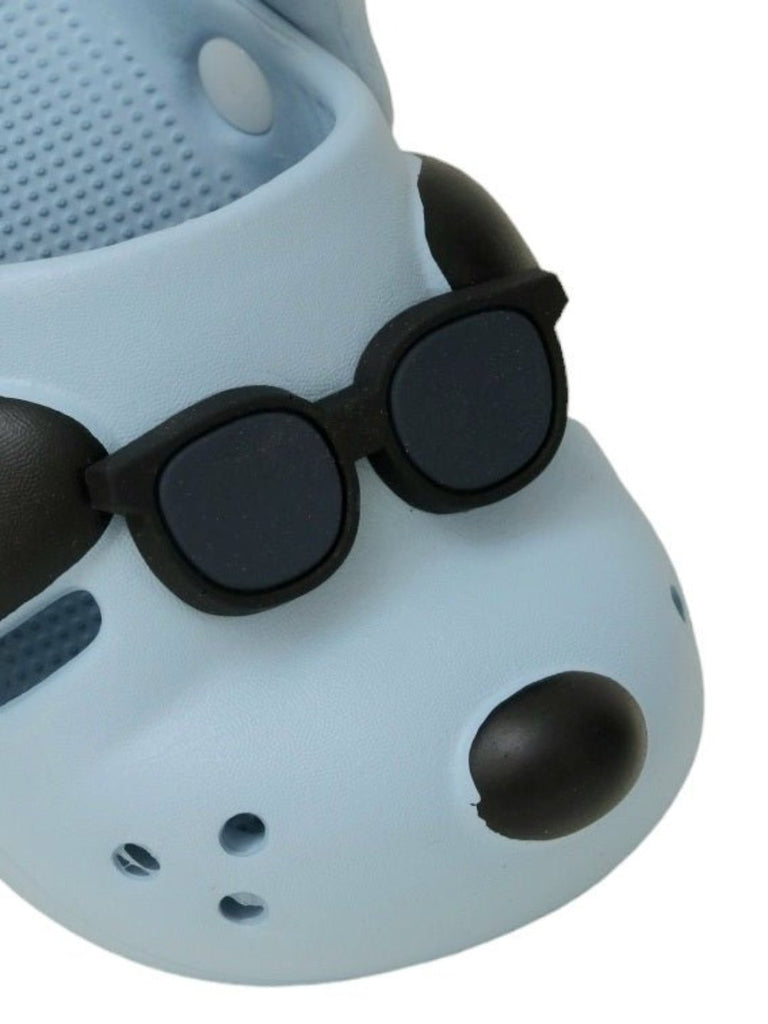 Close-up view highlighting the detailed sunglasses design on the Sky Blue Puppy Clogs for a cool, stylish look