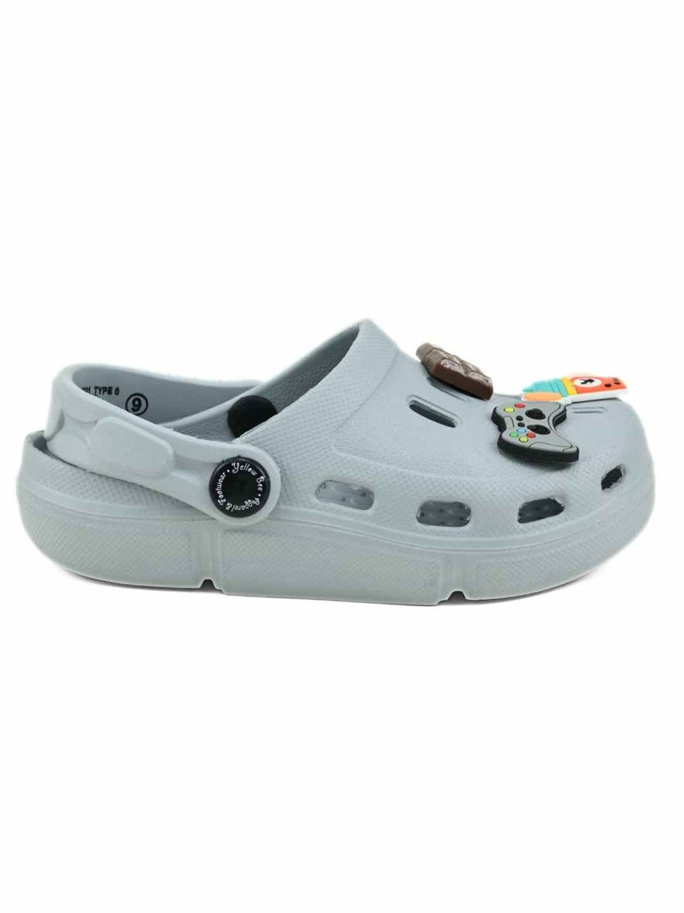 Cool Grey Clogs with Gaming, Chocolate & Fruit Smoothie Shoe Charms for Boys-Side view