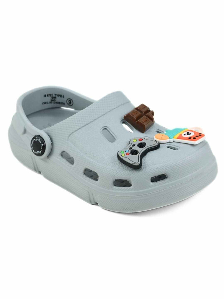 Cool Grey Clogs with Gaming, Chocolate & Fruit Smoothie Shoe Charms for Boys-Angle view