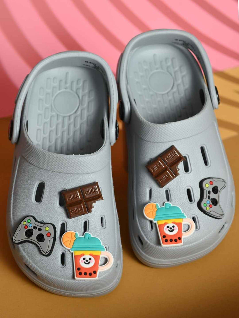 Cool Grey Clogs with Gaming, Chocolate & Fruit Smoothie Shoe Charms for Boys-Creative view