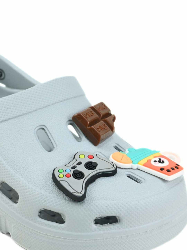 Cool Grey Clogs with Gaming, Chocolate & Fruit Smoothie Shoe Charms for Boys-Zoom view