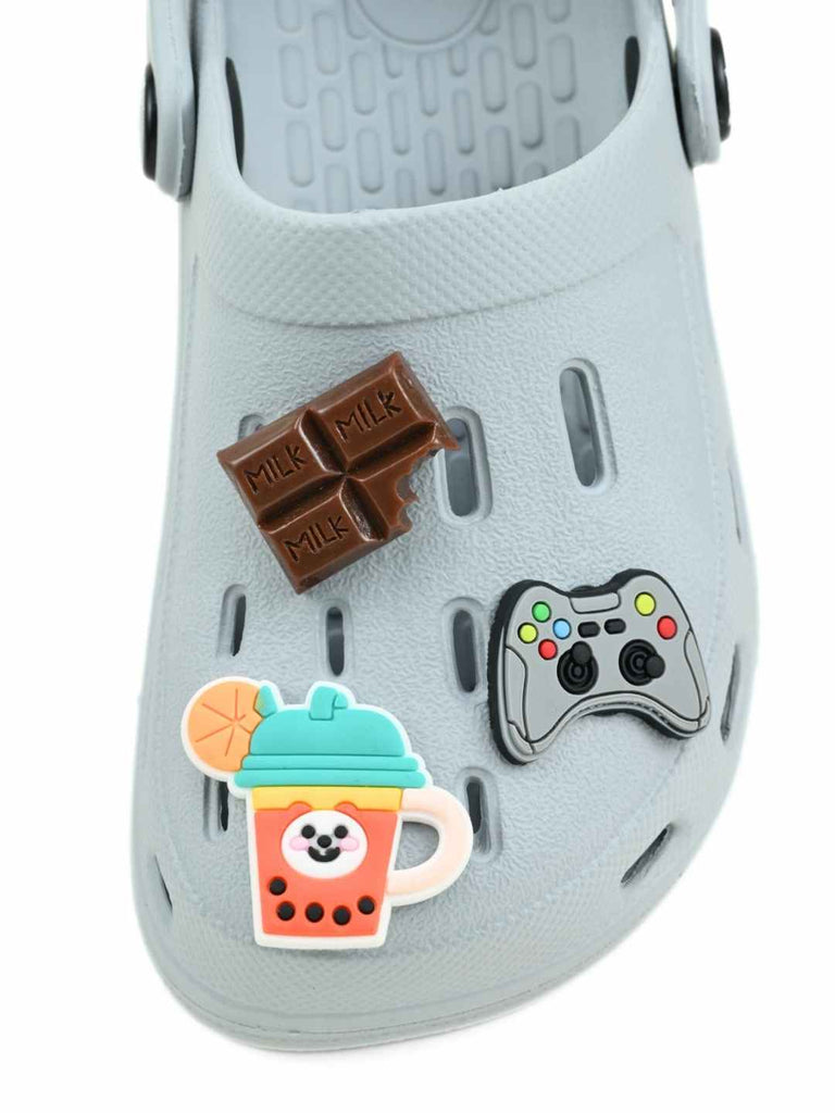 Cool Grey Clogs with Gaming, Chocolate & Fruit Smoothie Shoe Charms for Boys-Close up view