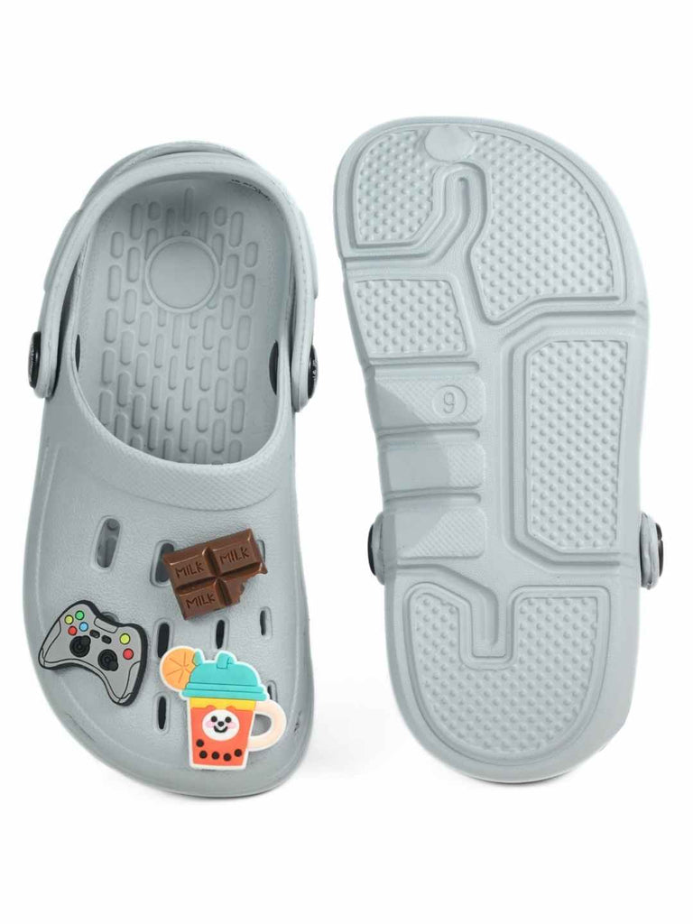 Cool Grey Clogs with Gaming, Chocolate & Fruit Smoothie Shoe Charms for Boys-Front & Back view