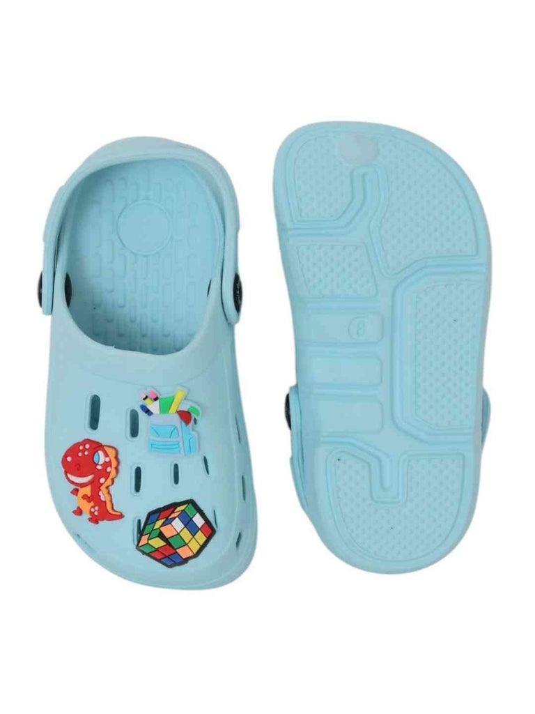 Cool & Stylish Blue Clogs with Backpack, Dino & Cube Charms for Boys-Front & Back View