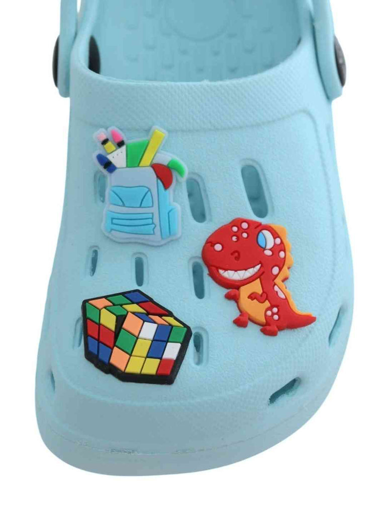 Cool & Stylish Blue Clogs with Backpack, Dino & Cube Charms for Boys-Front View