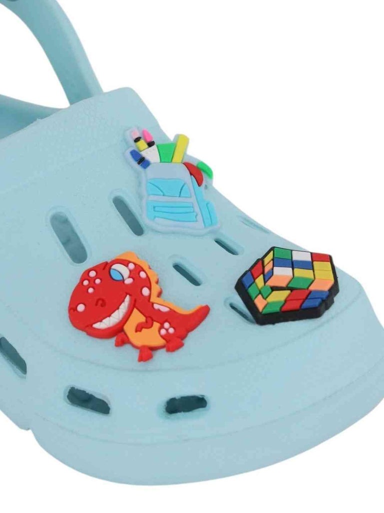 Cool & Stylish Blue Clogs with Backpack, Dino & Cube Charms for Boys-Close up view