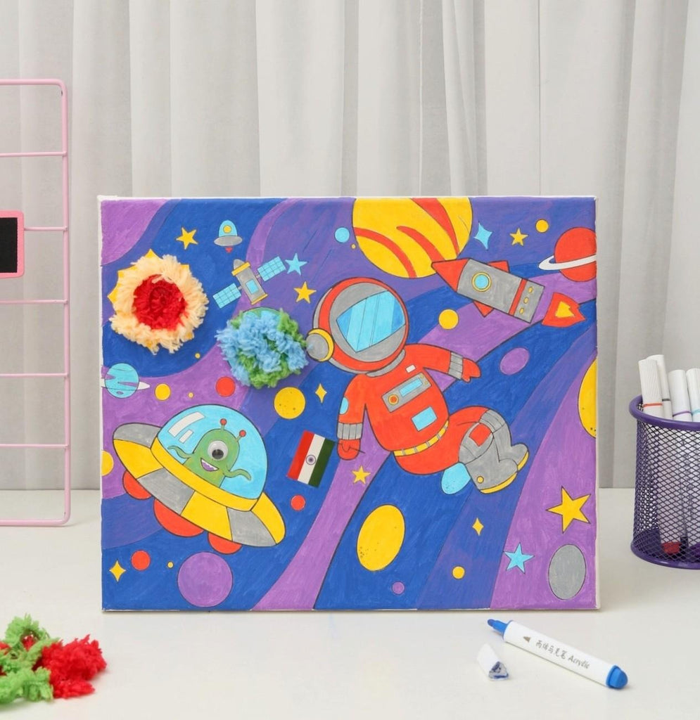  Full display of the completed Cosmic Adventure DIY Astronaut Art Kit.