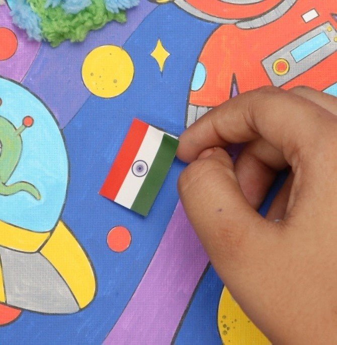 Close-up view of a handcrafted flag in the Yellow Bee Cosmic Adventure DIY Astronaut Art Kit.