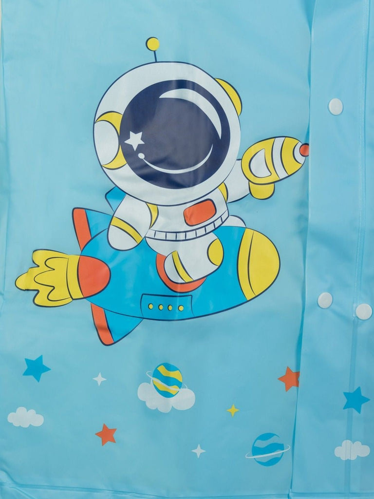 Close-up showing the astronaut design on the Cosmic Adventure waterproof raincoat, ideal for imaginative and adventurous boys.