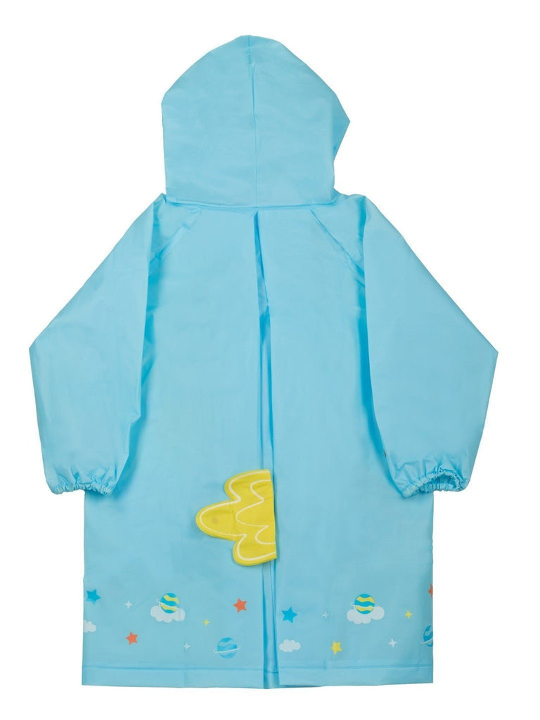 Back view of the Cosmic Adventure waterproof raincoat for boys in sky blue, showcasing its hooded design and playful astronaut pattern.