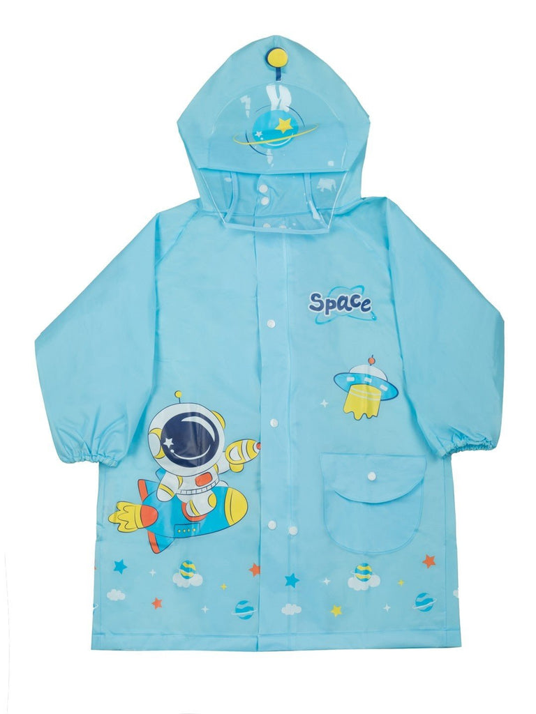 Front view of the Cosmic Adventure waterproof raincoat for boys by Yellow Bee, highlighting its full design and button closure.