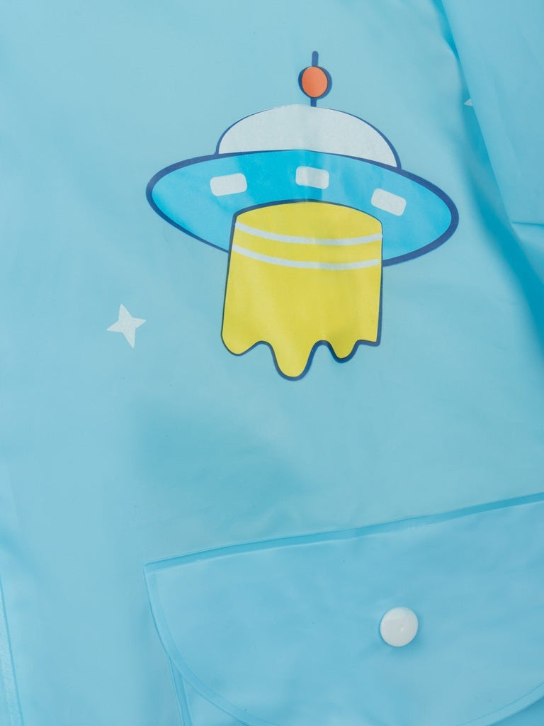 Close-up view of Yellow Bee's Cosmic Adventure raincoat detailing the quality and vibrant astronaut print.