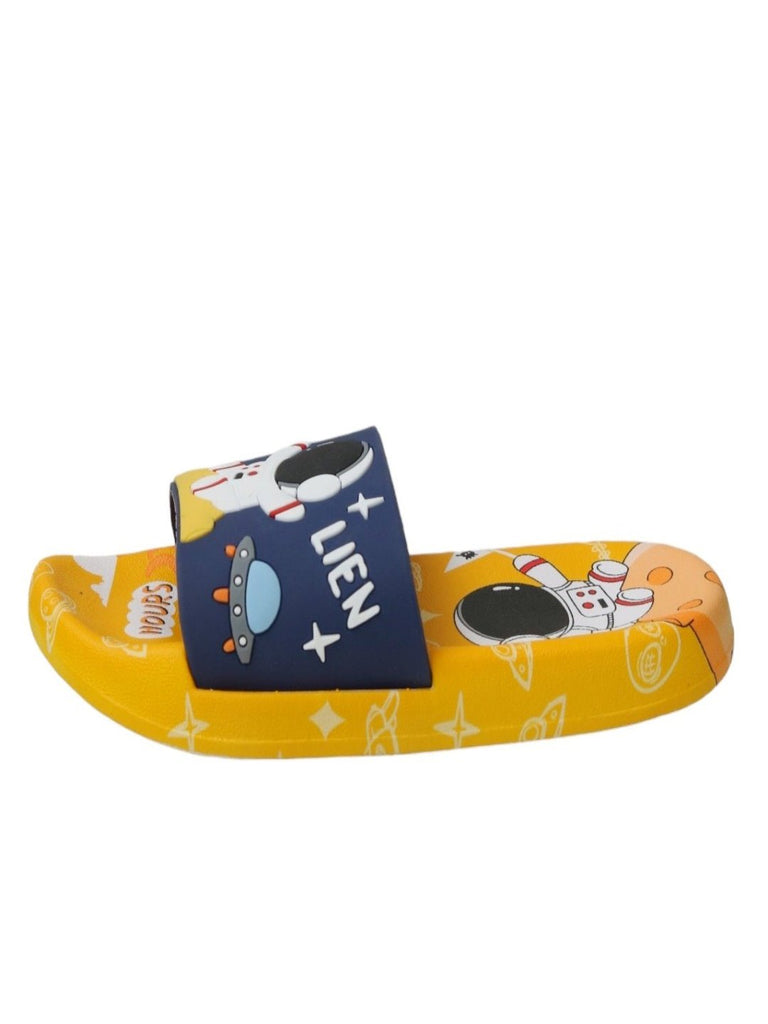 Side view of Cosmic Explorer Astronaut Navy Slides for boys, emphasizing the secure fit and vibrant colors.