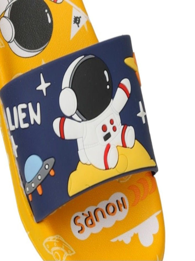 Close-up view showing the detailed space-themed design on the Cosmic Explorer Astronaut Navy Slides.