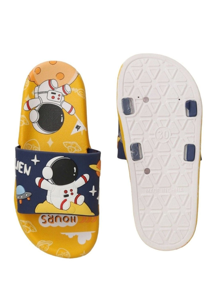 Front and back view of the Cosmic Explorer Astronaut Navy Slides, showcasing the design and build quality.