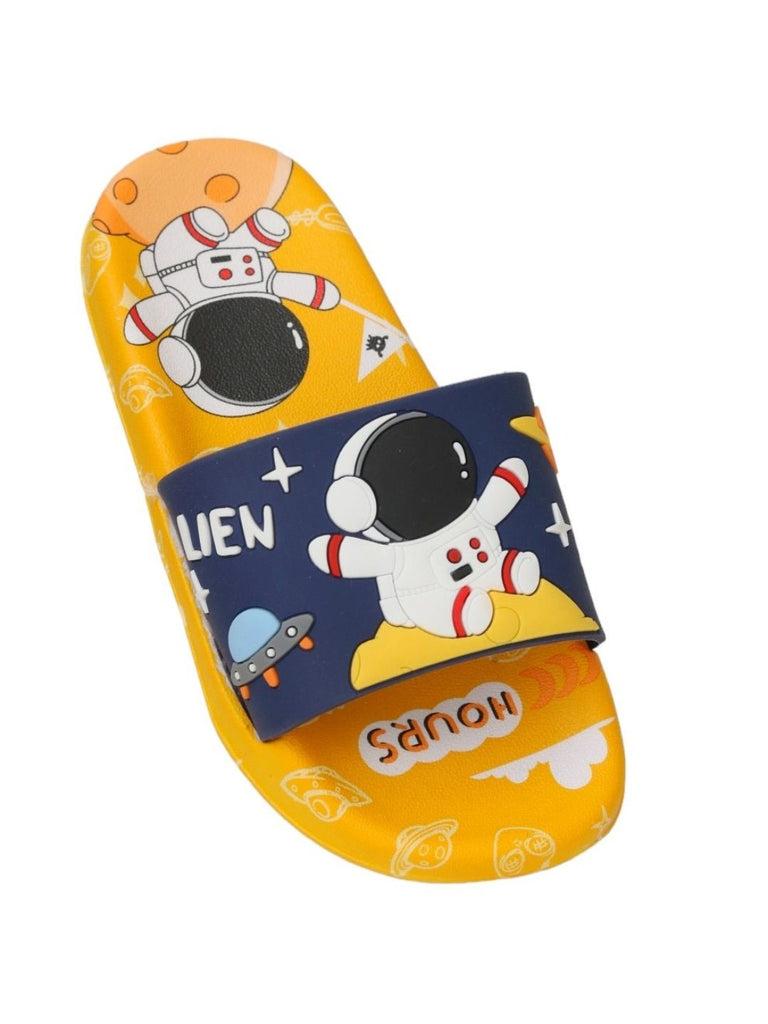 Angle view of Cosmic Explorer Astronaut Navy Slides for boys by Yellow Bee, featuring astronaut graphics.