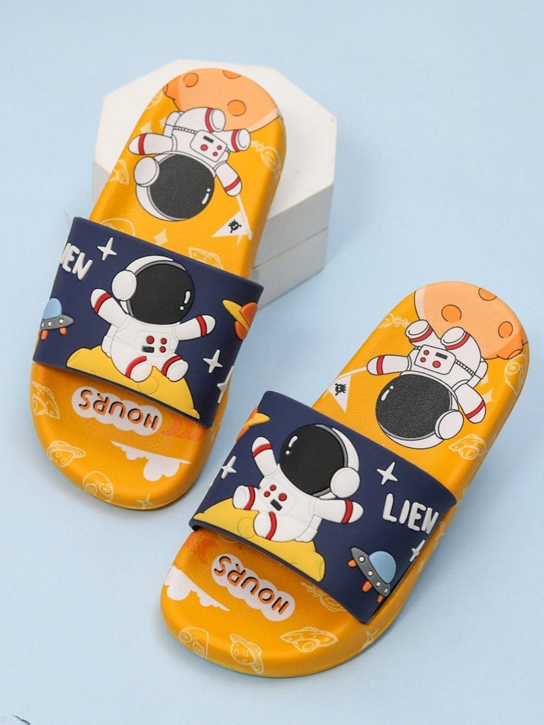 Creative display view of Cosmic Explorer Astronaut Navy Slides for boys, styled to highlight the space adventure theme.