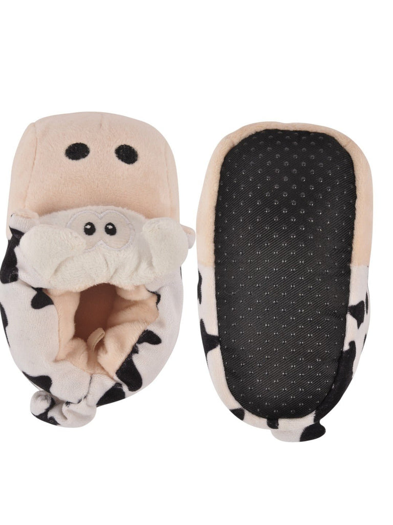 Cozy Cow-Themed Plush Socks for Boys - Beige, front and back view showcasing the detailed cow design.