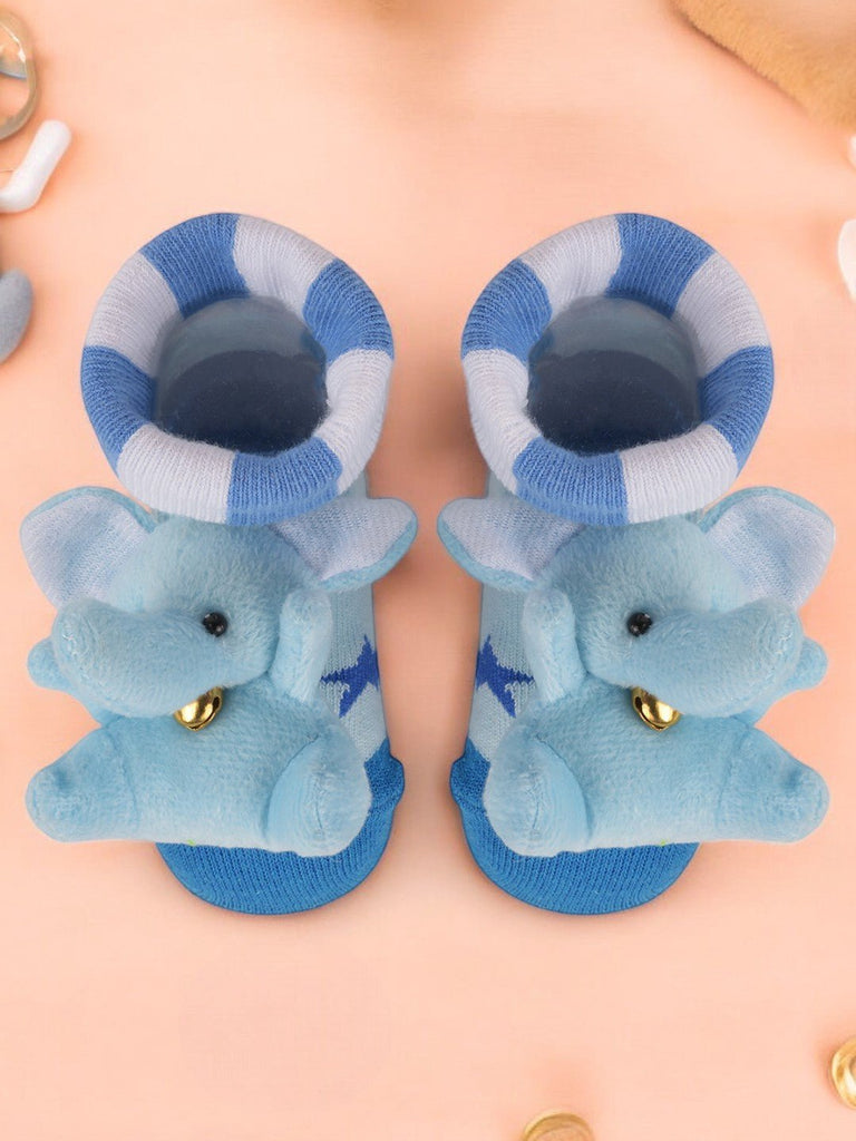 creative view Pair of baby socks by Yellow Bee with a soft blue elephant design for playful and safe first steps