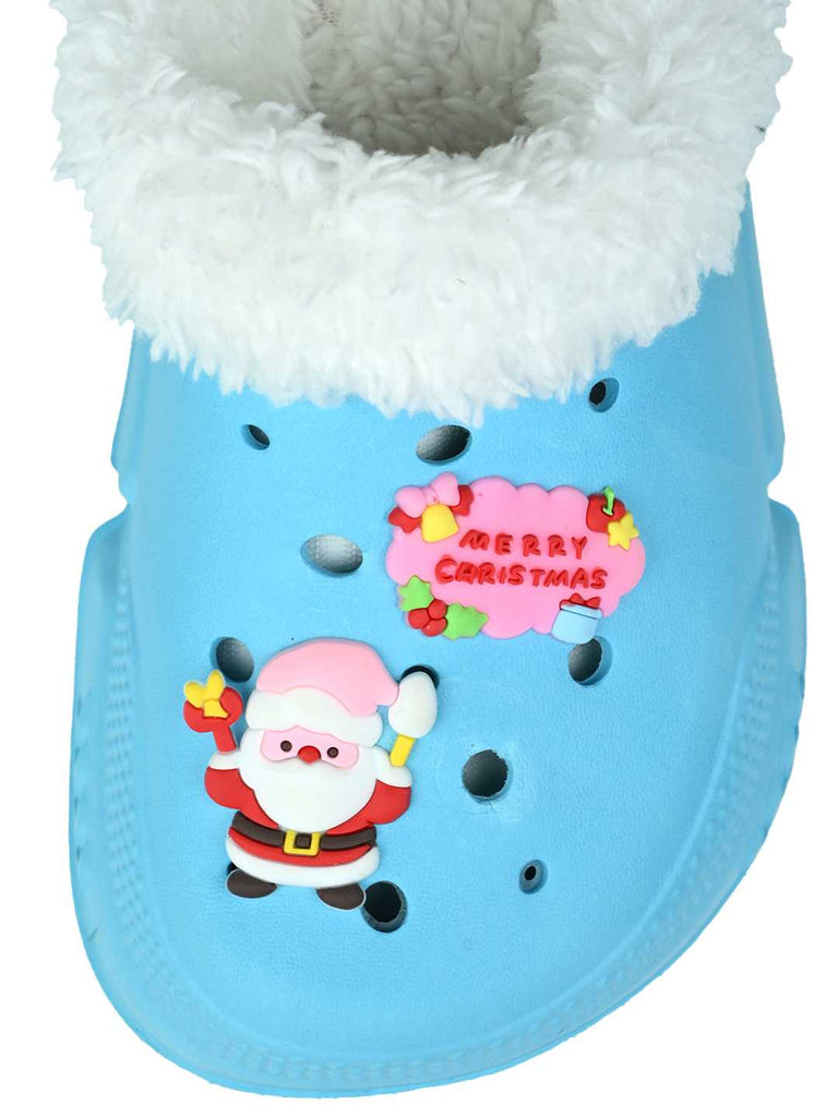 Cozy Winter Fur Lined Clogs with Santa & Christmas Charms for Girls -Blue - Top View