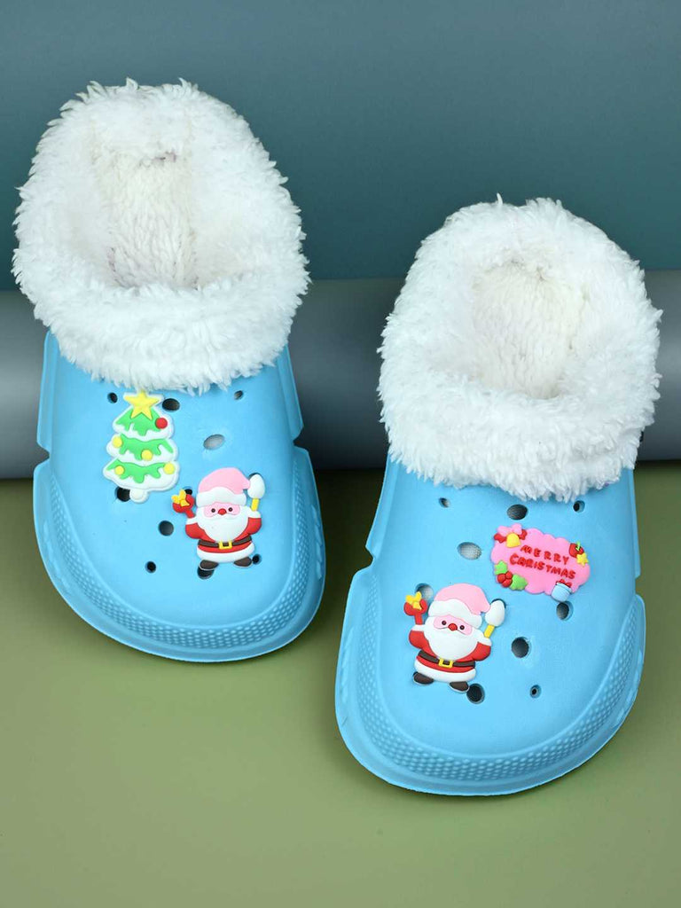 Cozy Winter Fur Lined Clogs with Santa & Christmas Charms for Girls -Blue - Creative View