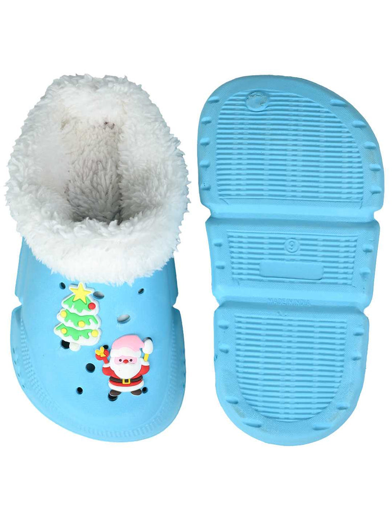Cozy Winter Fur Lined Clogs with Santa & Christmas Charms for Girls -Blue - Top & Bottom View