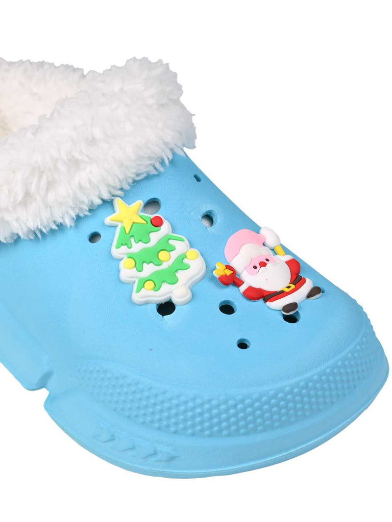 Cozy Winter Fur Lined Clogs with Santa & Christmas Charms for Girls -Blue - Close Up View