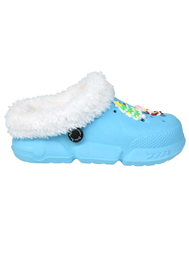 Cozy Winter Fur Lined Clogs with Santa & Christmas Charms for Girls -Blue - Side View