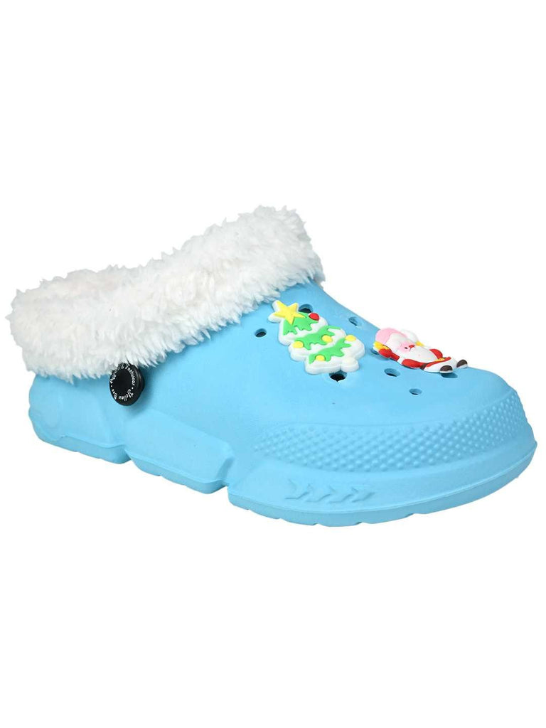 Cozy Winter Fur Lined Clogs with Santa & Christmas Charms for Girls -Blue - Angle View