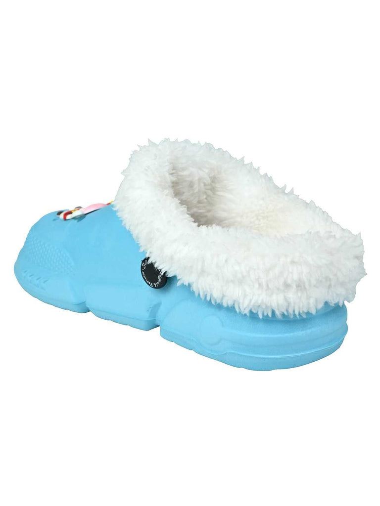Cozy Winter Fur Lined Clogs with Santa & Christmas Charms for Girls -Blue - Back View
