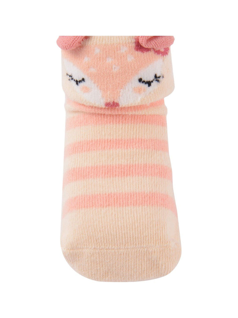 CreamBabySockswithAdorableFoxFaceandStripedDesignCloseupview