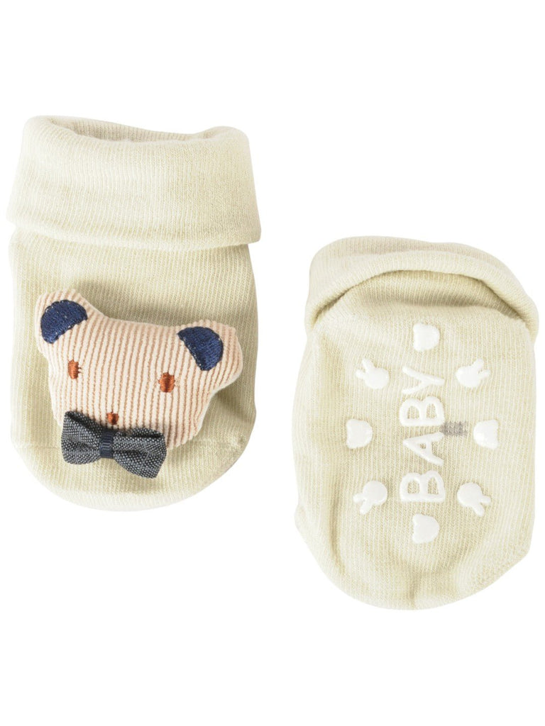 Front and back view of baby’s teddy bear-themed socks with anti-slip grips and bow tie accent.