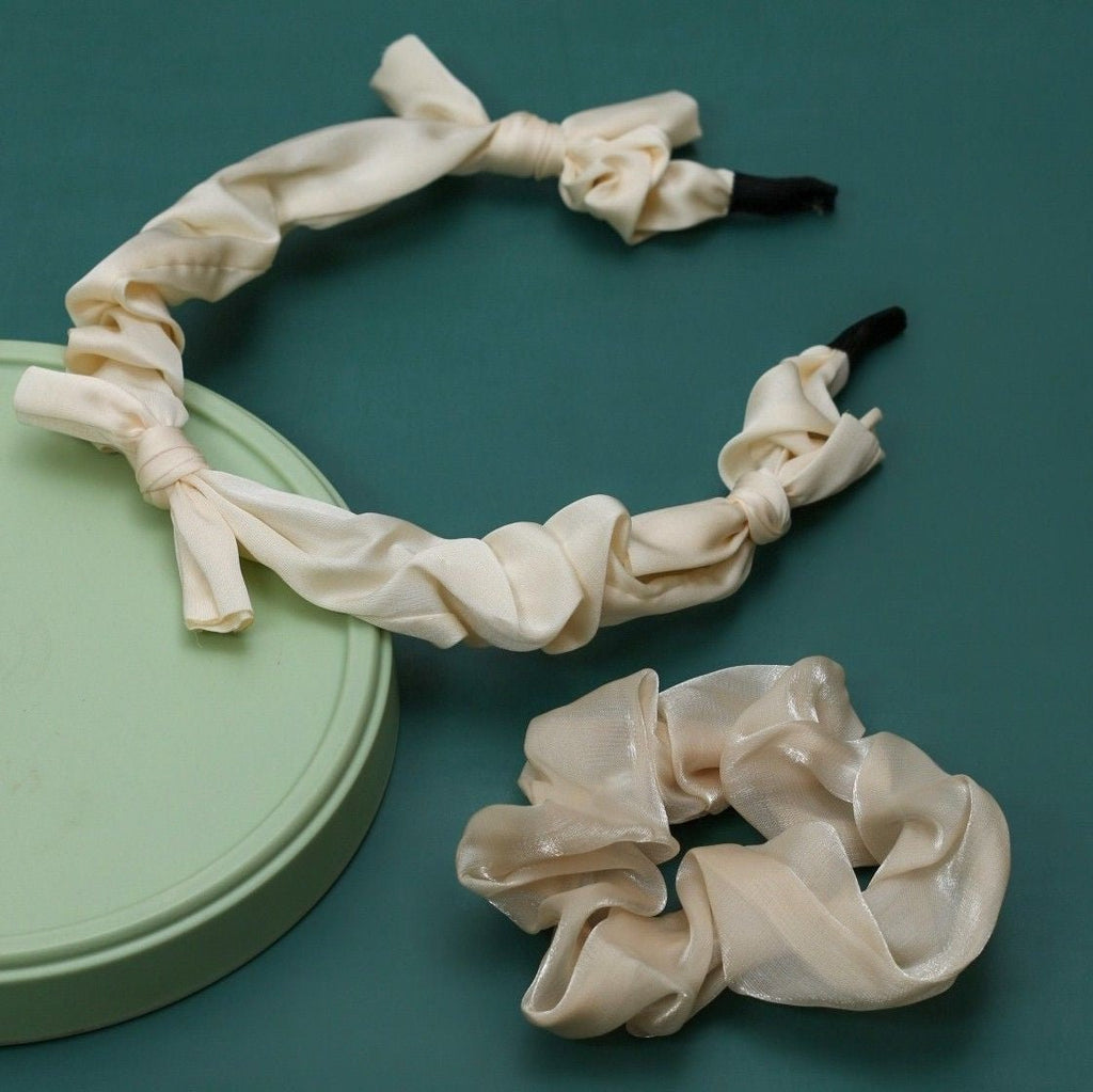 Cream Bow Hairband with Beige Glossy Scrunchie by Yellow Bee on teal background
