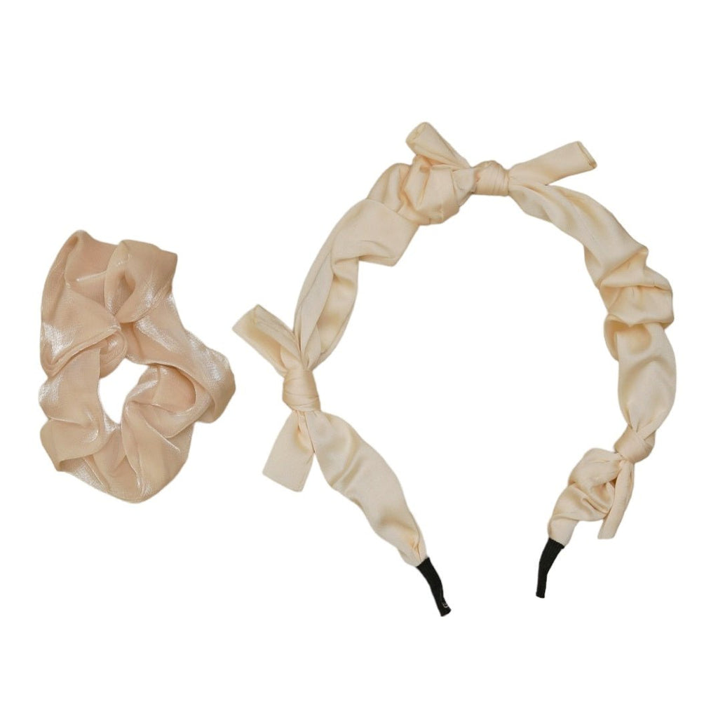 Elegant Yellow Bee Hairband and Scrunchie Set in Cream and Beige