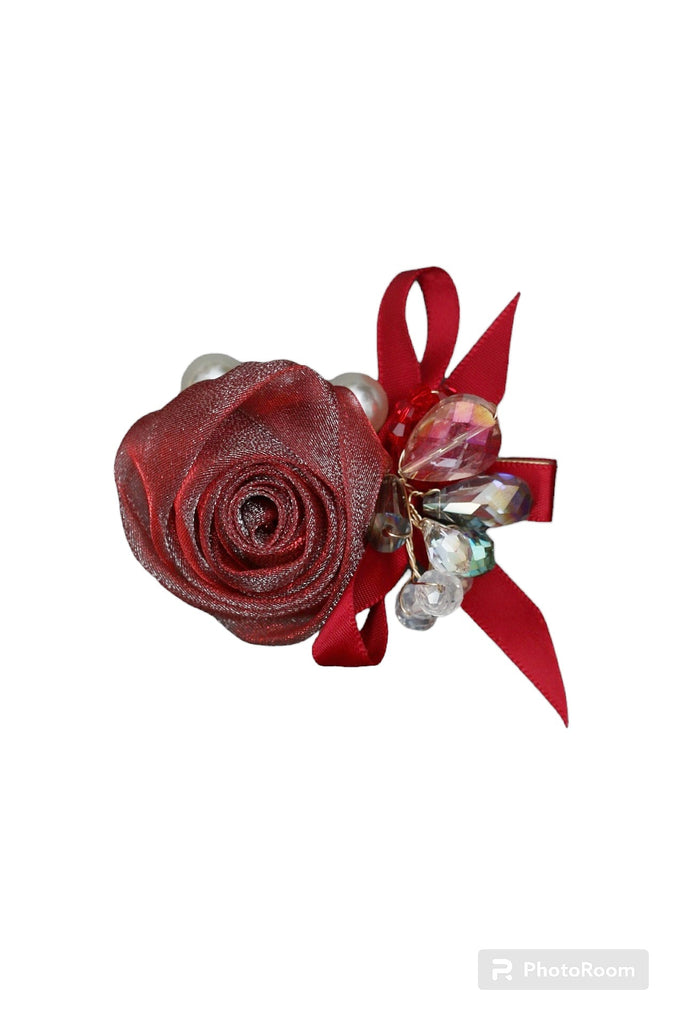 Yellow Bee's Red Rosette and Bow Hair Clip Isolated on White - Exquisite Detailing with Rhinestones and Pearls