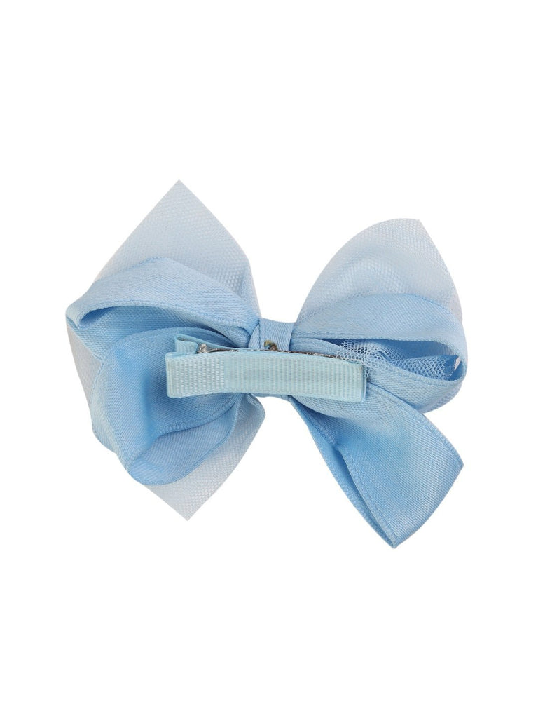 Back view of Crystal Breeze Tulle Hair Bow for Girls in Blue by Yellow Bee