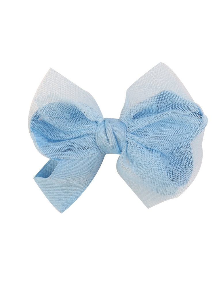 Front view of Crystal Breeze Tulle Hair Bow for Girls in Blue highlighting the elegant design