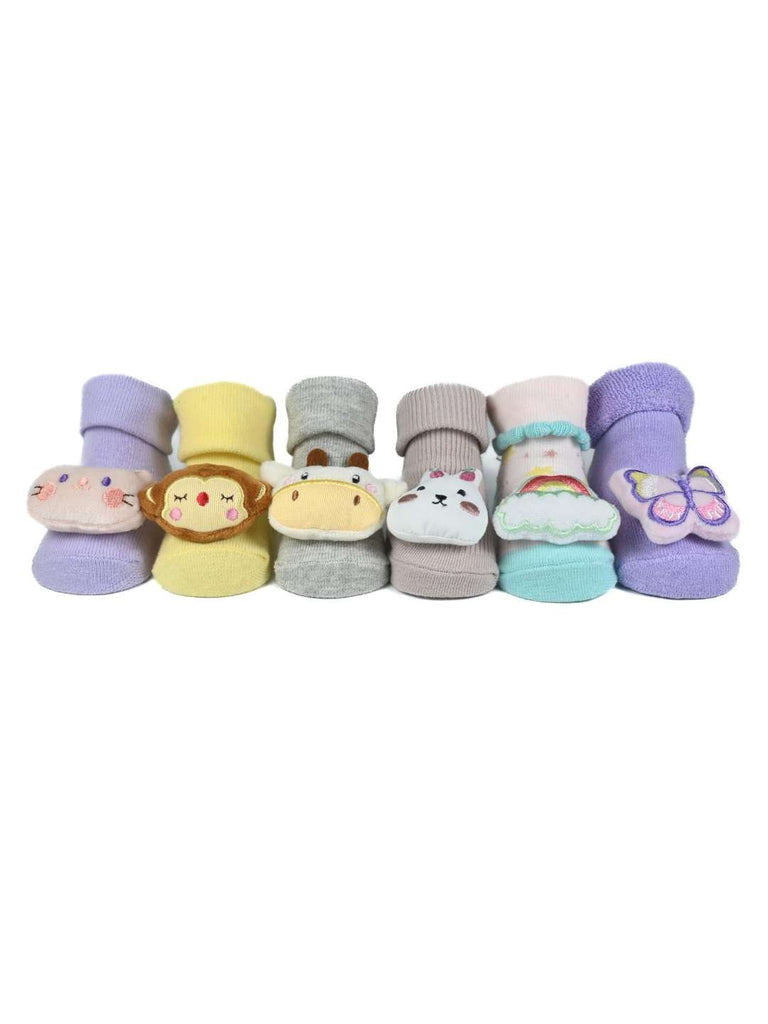 Cuddle Crew Baby Socks Combo – 6-Pair Set Featuring Plush Animals, Rainbow & Butterfly-Front View