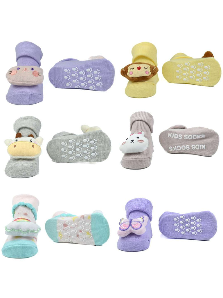 Cuddle Crew Baby Socks Combo – 6-Pair Set Featuring Plush Animals, Rainbow & Butterfly-Front & Back View