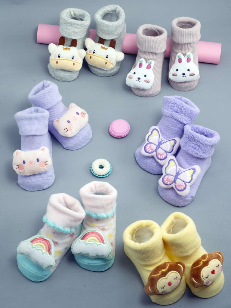 Cuddle Crew Baby Socks Combo – 6-Pair Set Featuring Plush Animals, Rainbow & Butterfly-Creative View