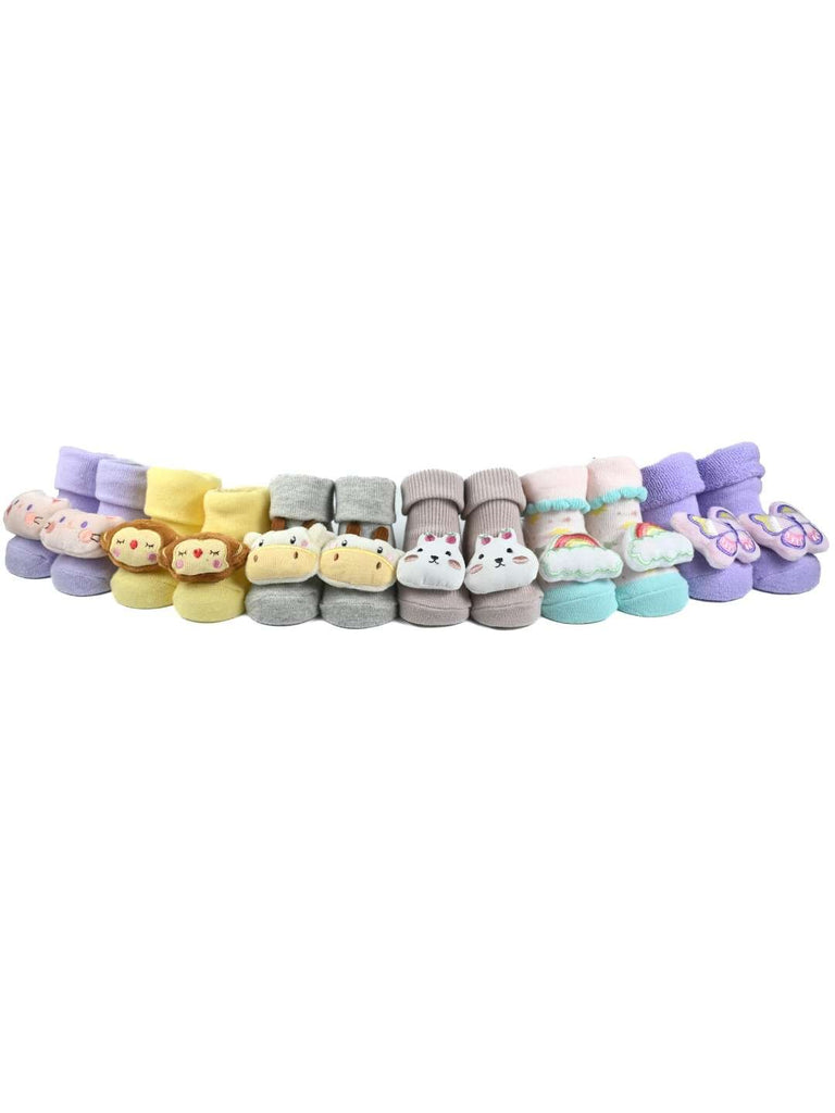 Cuddle Crew Baby Socks Combo – 6-Pair Set Featuring Plush Animals, Rainbow & Butterfly-Full Frnt View