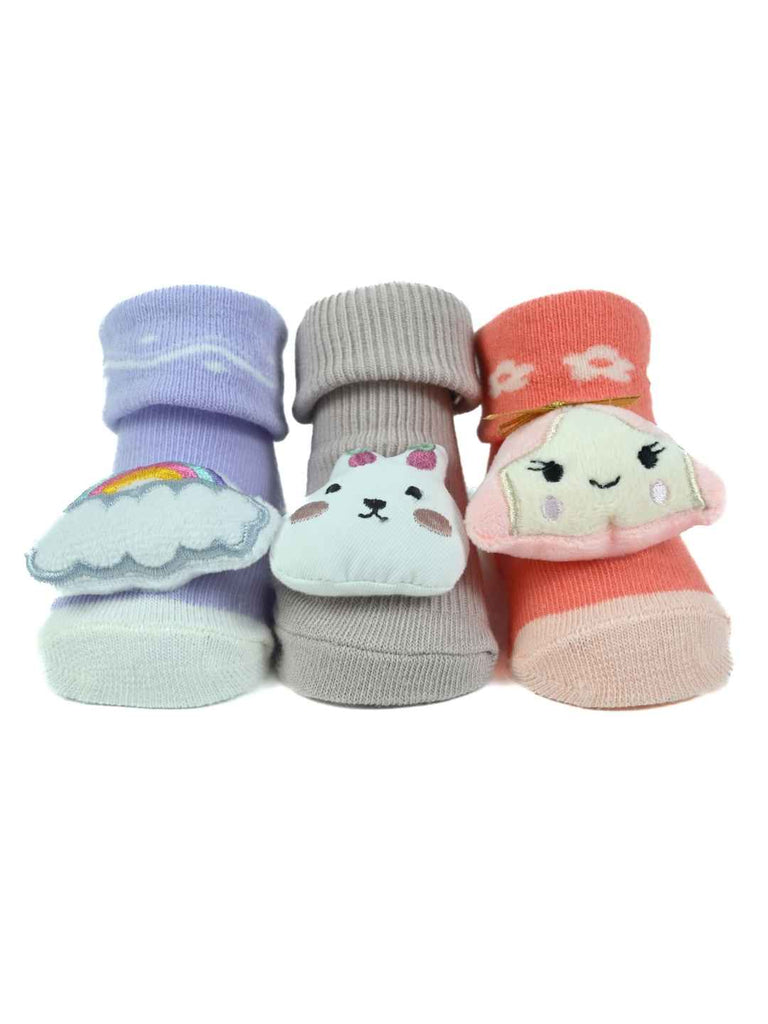 Cuddle Cuties Baby Socks Combo – 3D Pastel Booties with Bunny, Girl & Rainbow Appliqués-Front View