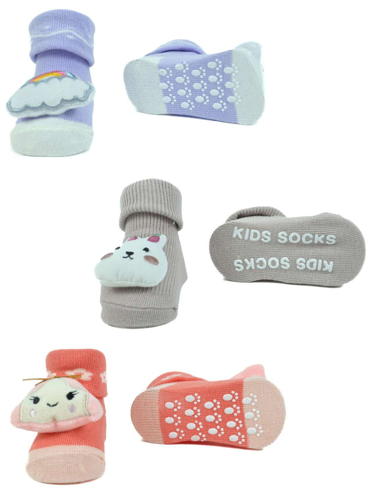 Cuddle Cuties Baby Socks Combo – 3D Pastel Booties with Bunny, Girl & Rainbow Appliqués-Front & Back View