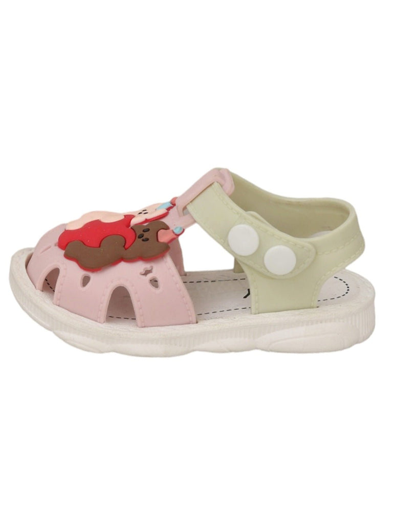 Side angle view of Cuddly Bear Sandals, highlighting the soft pastel colors and cute bear design