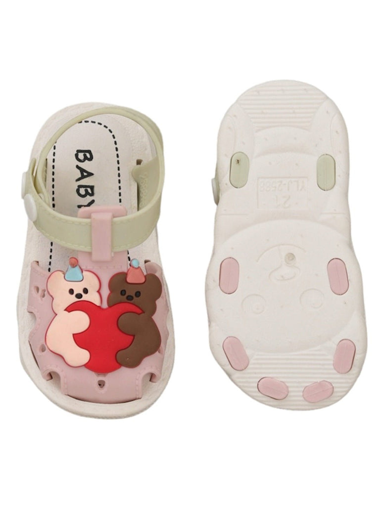 Front and back view of Cuddly Bear Sandals in soft pastels, showcasing adjustable straps and comfortable design